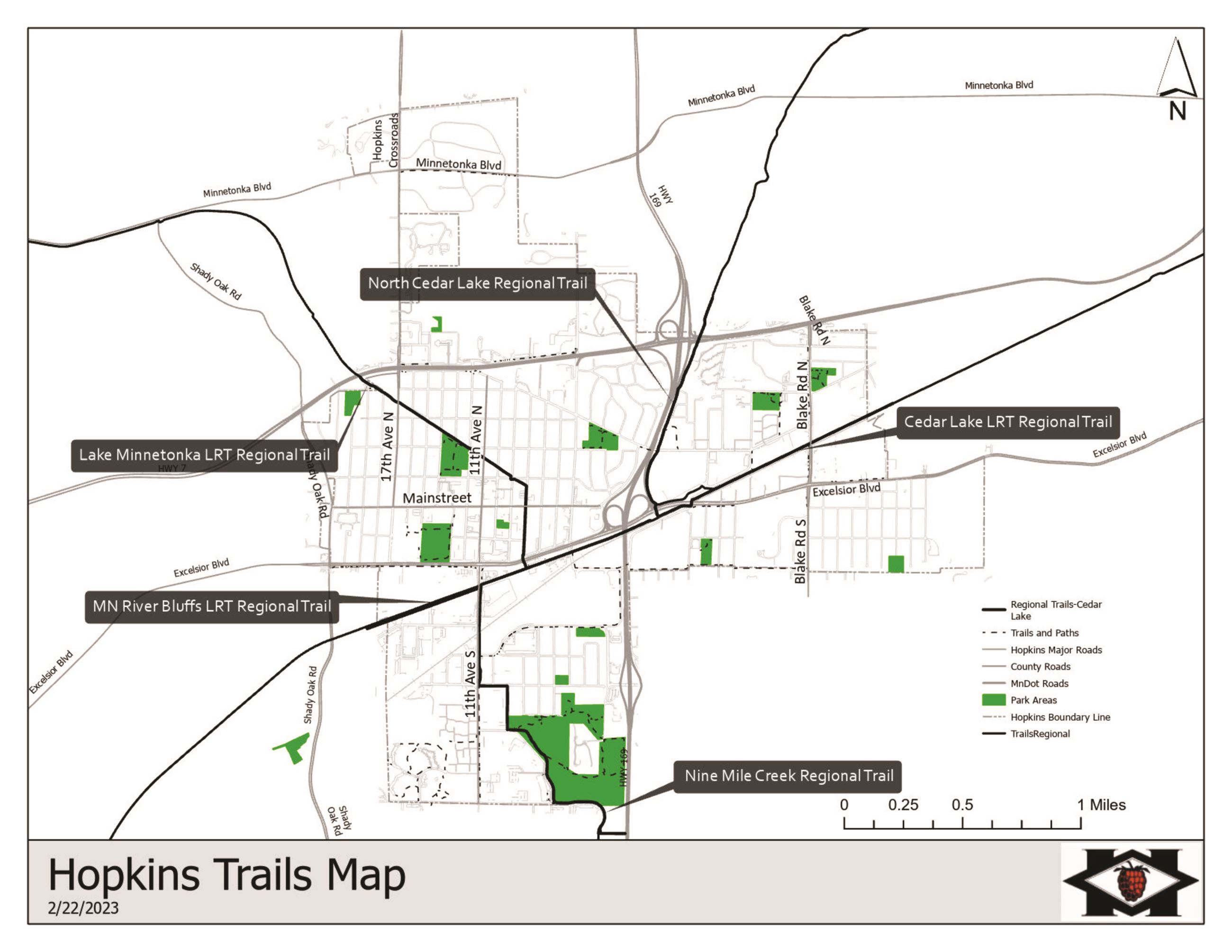 A map of regional trails in the City of Hopkins