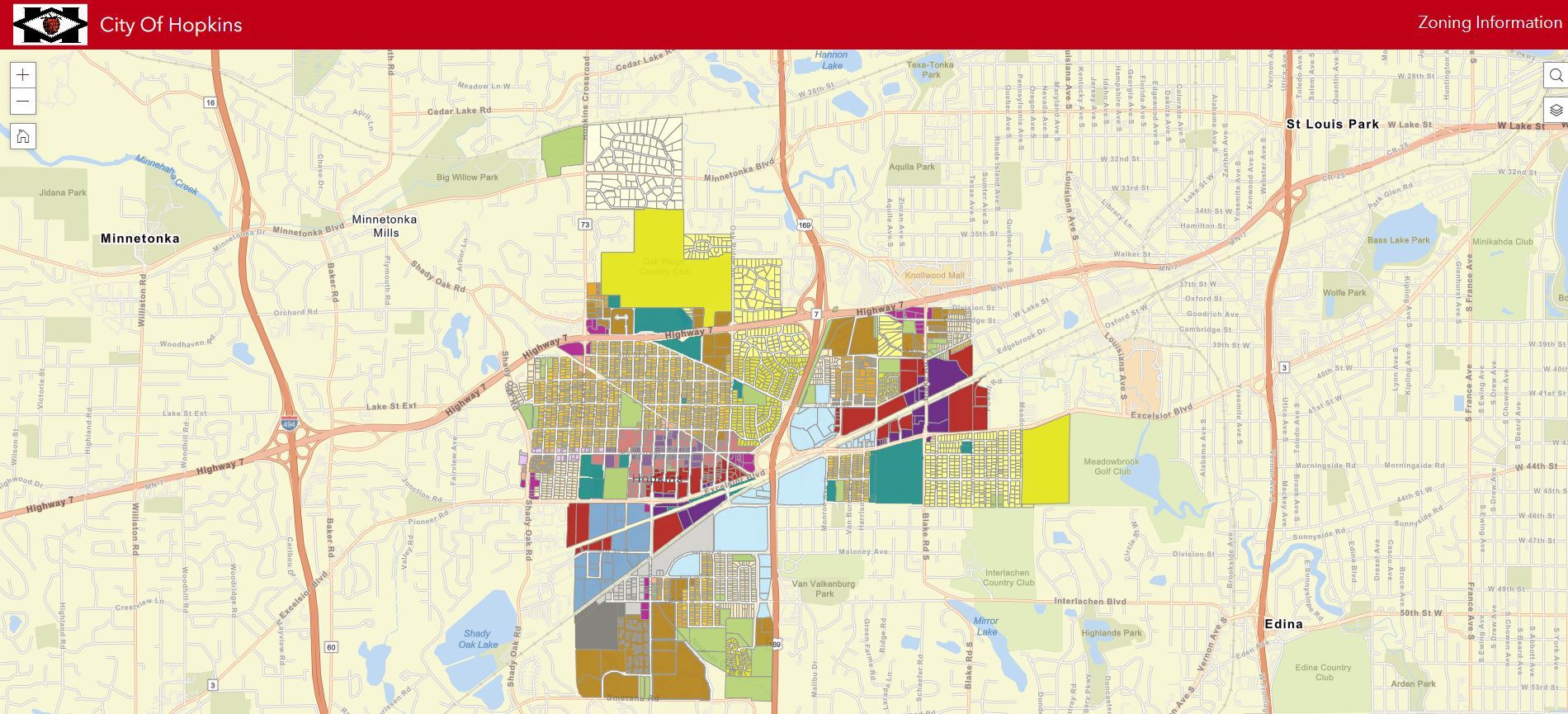 A still image of a City of Hopkins interactive zoning map